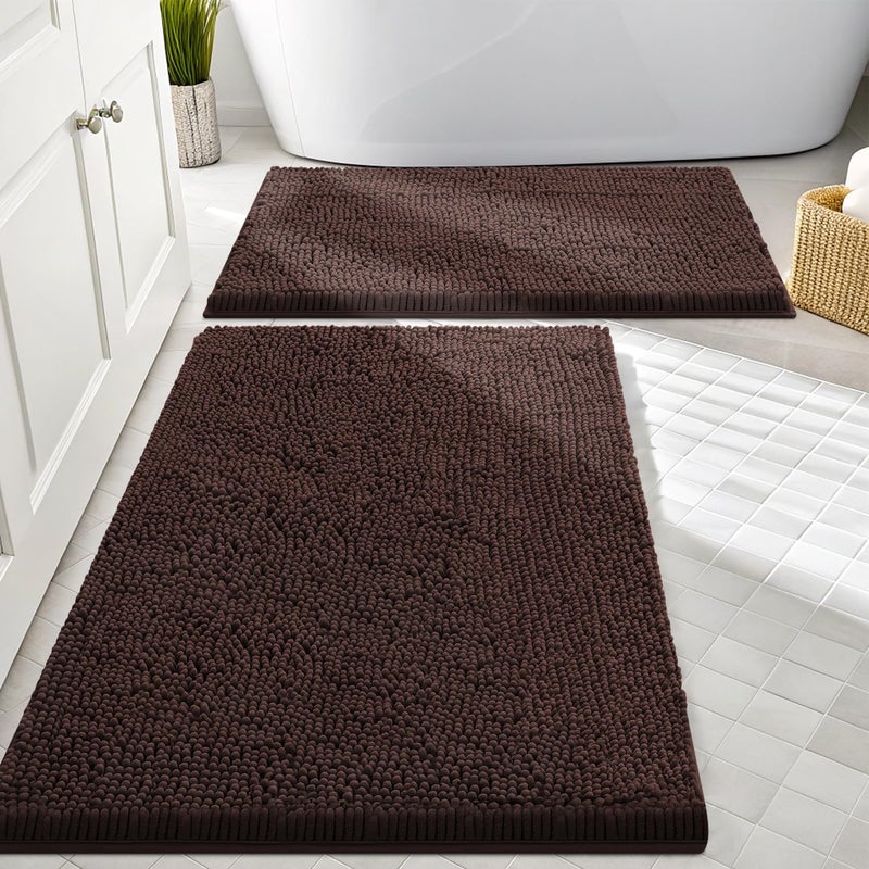 Smiry Bathroom Rugs Sets 2 Piece, Soft Absorbent Chenille Machine Washable Non Slip Shaggy Bath Rug Set for Tub, Shower, and Floor (30x20+24x16, Brown) - Image 1